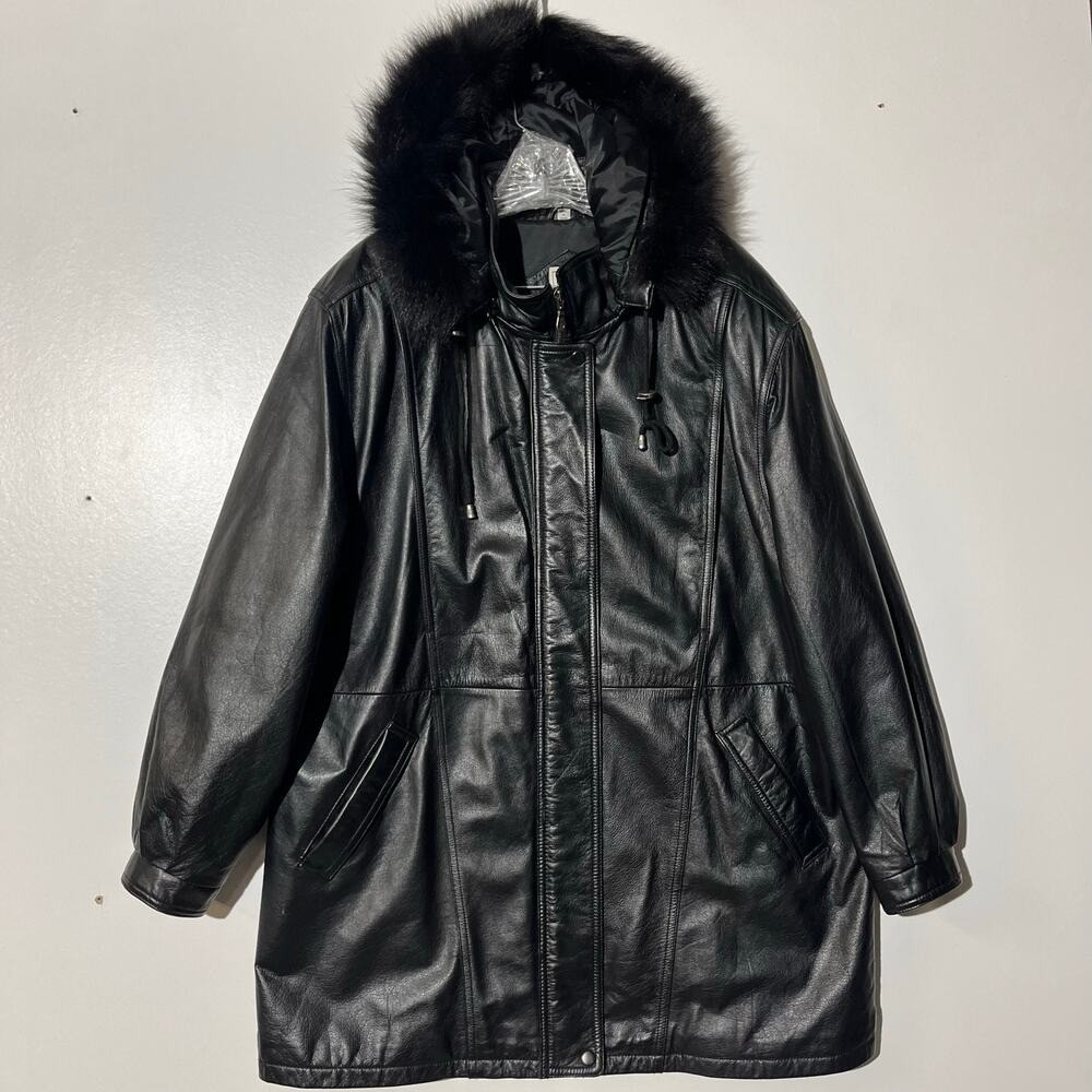 Field Gear Black Leather Parka Jacket Real Fox Tail Fur Hood Trim‎ Womens XL